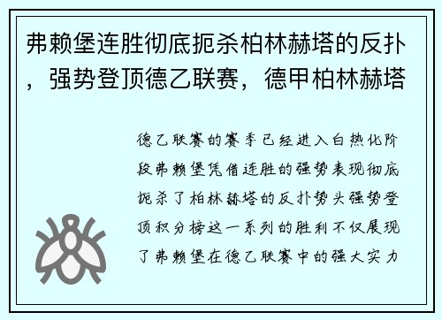 弗赖堡连胜彻底扼杀柏林赫塔的反扑，强势登顶德乙联赛，德甲柏林赫塔和弗赖堡的历史成绩_