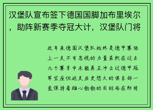 汉堡队宣布签下德国国脚加布里埃尔，助阵新赛季夺冠大计，汉堡队门将