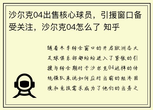 沙尔克04出售核心球员，引援窗口备受关注，沙尔克04怎么了 知乎