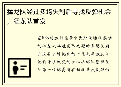 猛龙队经过多场失利后寻找反弹机会，猛龙队首发