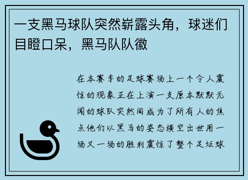 一支黑马球队突然崭露头角，球迷们目瞪口呆，黑马队队徽